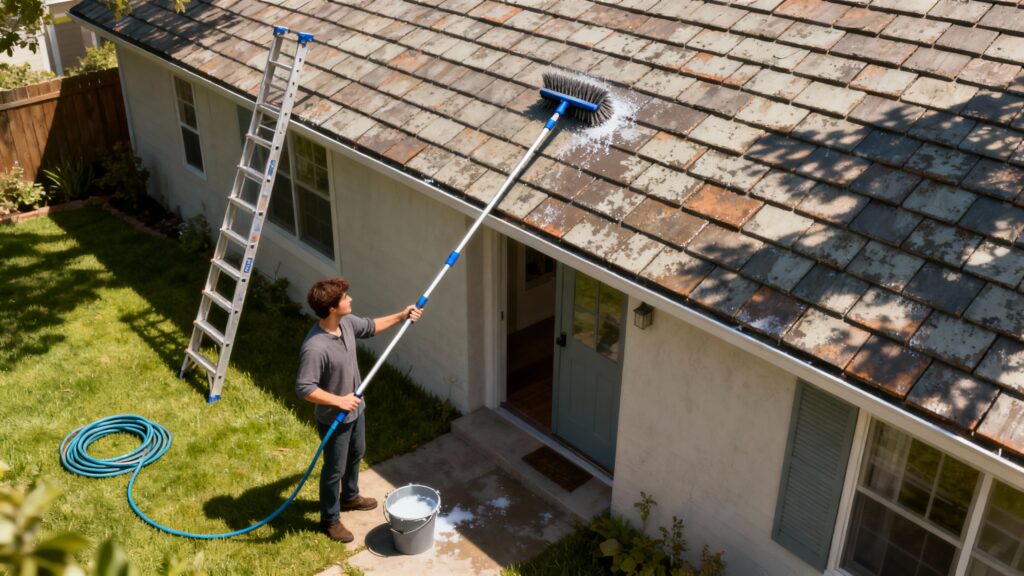 Nettoyer sa toiture sans monter sur le toit : méthodes et outils without any text