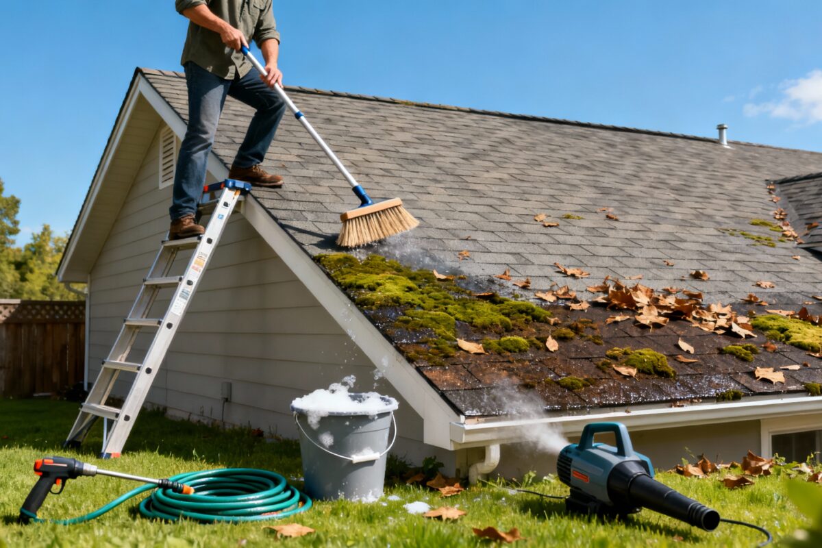 Nettoyer sa toiture sans monter sur le toit : méthodes et outils without any text